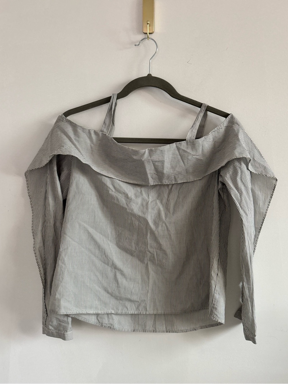 All Saints Off-Shoulder Striped Blouse in Light Gray- 100% Cotton- Size Medium